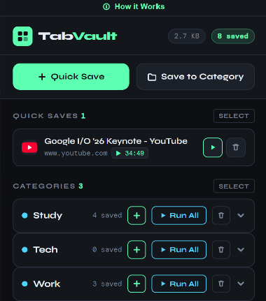 The TabVault popup. A Quick Saves section holds a saved YouTube tab, Google I/O '26 Keynote, tagged with a green 34:49 badge marking the point it was left at. Below it, three categories — Study with 4 saved, Tech with 0, Work with 3 — each with its own Run All button.